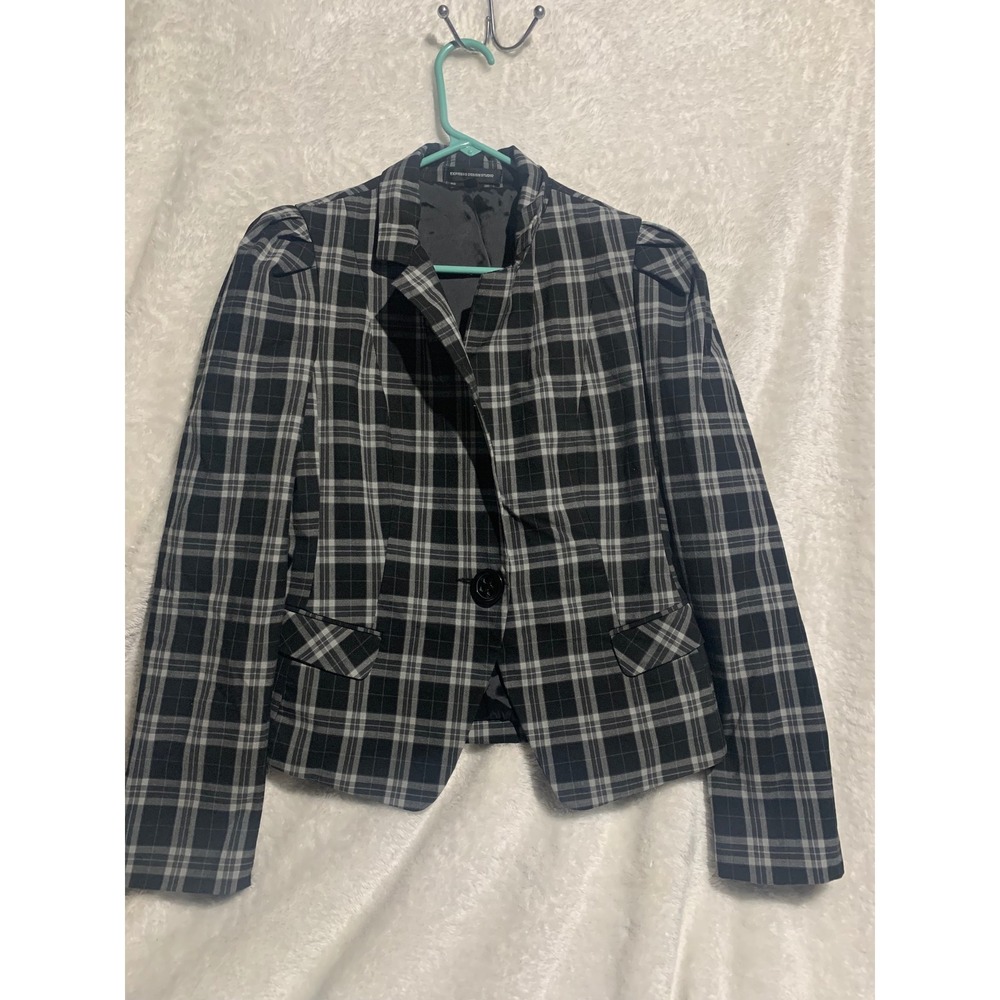 Express Design Studio Black White Plaid Blazer Single Button Puff Shoulder Sz 8